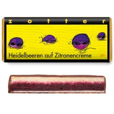 Zotter hořká čokoláda plněná borůvky a citrónovým krémem Zotter hořká čokoláda plněná borůvky a citrónovým krémem