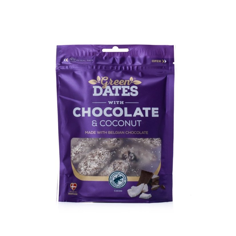 Green Dates datle s belgickou čokoládou a kokosem